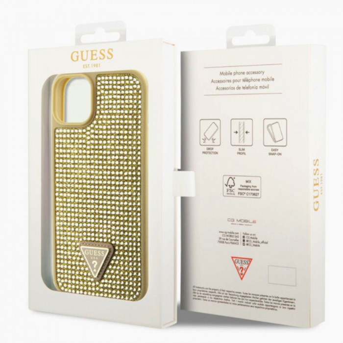 Husa pentru iPhone 15 Pro Max, Guess Rhinestones Triangle Metal Logo, Gold, GUHCP15LHDGTPD [3]
