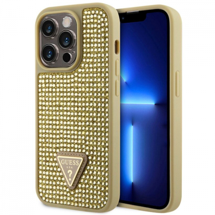 Husa pentru iPhone 15 Pro Max, Guess Rhinestones Triangle Metal Logo, Gold, GUHCP15LHDGTPD [2]