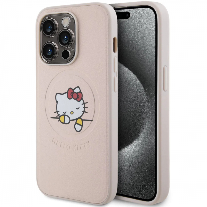 Husa pentru iPhone 15 Pro Hello Kitty PU Kitty Asleep Logo MagSafe, Pink [3]
