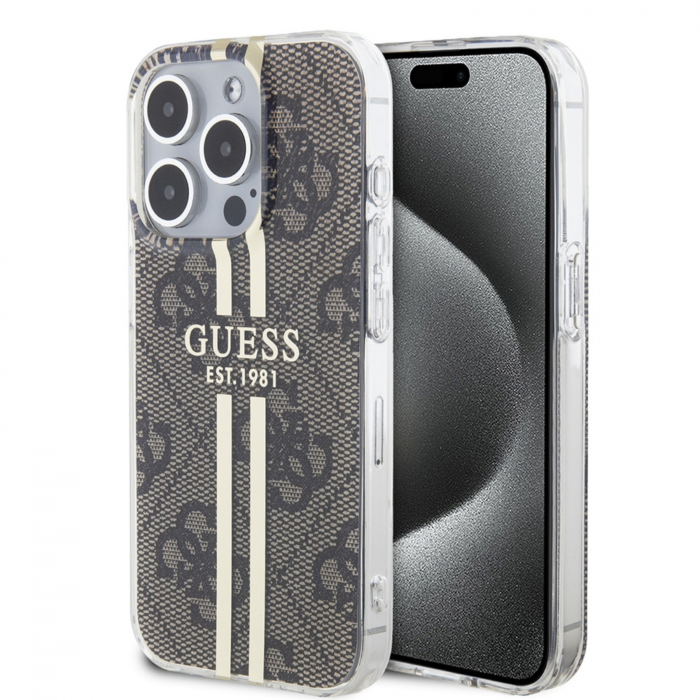 Husa pentru iPhone 15 Pro Max Guess IML 4G Gold Stripe, Brown [2]
