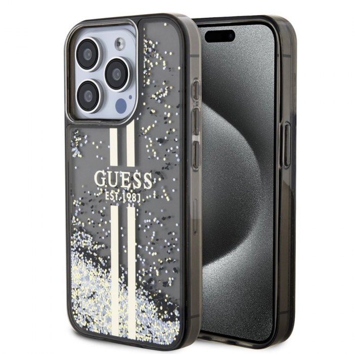 Husa pentru iPhone 15 Pro Max Guess PC/TPU Liquid Glitter Gold Stripe, Black [2]