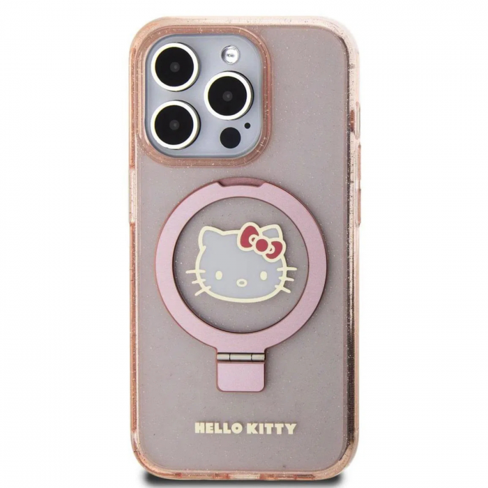 Husa pentru iPhone 15 Pro Max Hello Kitty IML Ringstand Glitter Kitty Head Logo MagSafe, Pink [1]
