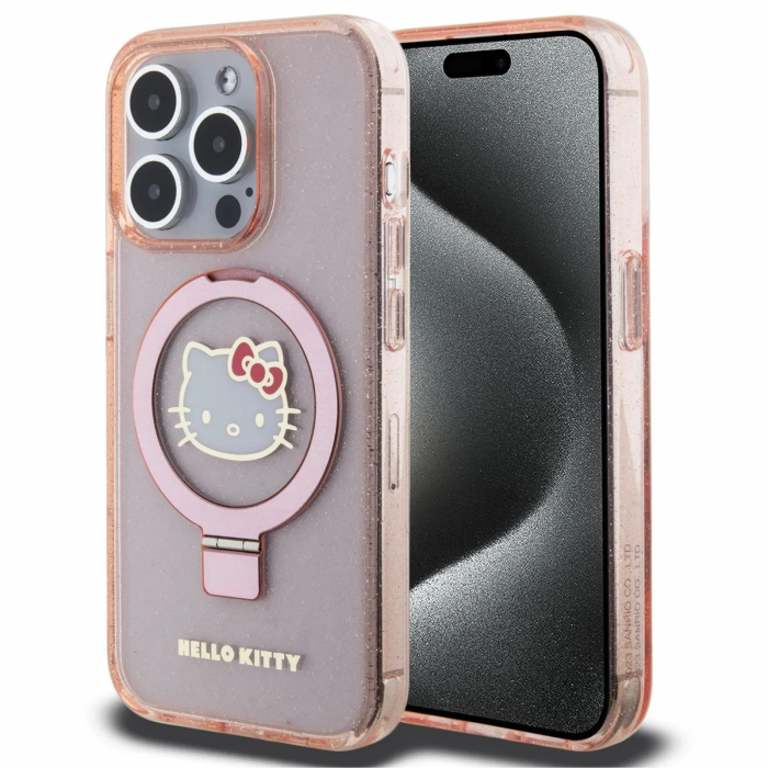 Husa pentru iPhone 15 Pro Max Hello Kitty IML Ringstand Glitter Kitty Head Logo MagSafe, Pink [2]