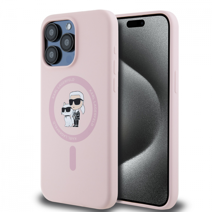 Husa pentru iPhone 15 Pro Max Karl Lagerfeld Silicone Ring MagSafe (KLHMP15XSCMKCRHP) Karl&Choupette, Pink [2]