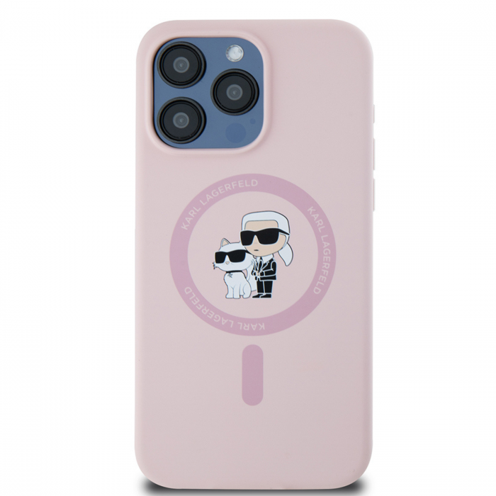 Husa pentru iPhone 15 Pro Karl Lagerfeld Silicone Ring MagSafe (KLHMP15LSCMKCRHP) Karl&Choupette, Pink [1]