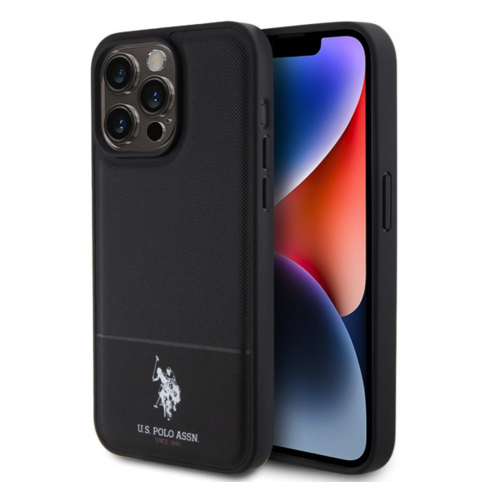Husa pentru iPhone 15 Pro Max U.S. Polo PU Leather Mesh Pattern Double Horse, Black [2]