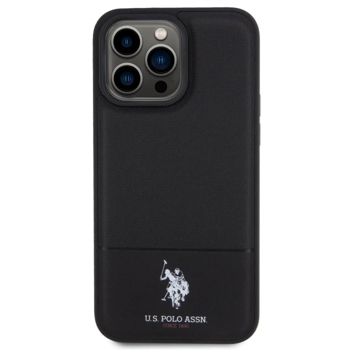 Husa pentru iPhone 15 Pro Max U.S. Polo PU Leather Mesh Pattern Double Horse, Black [1]