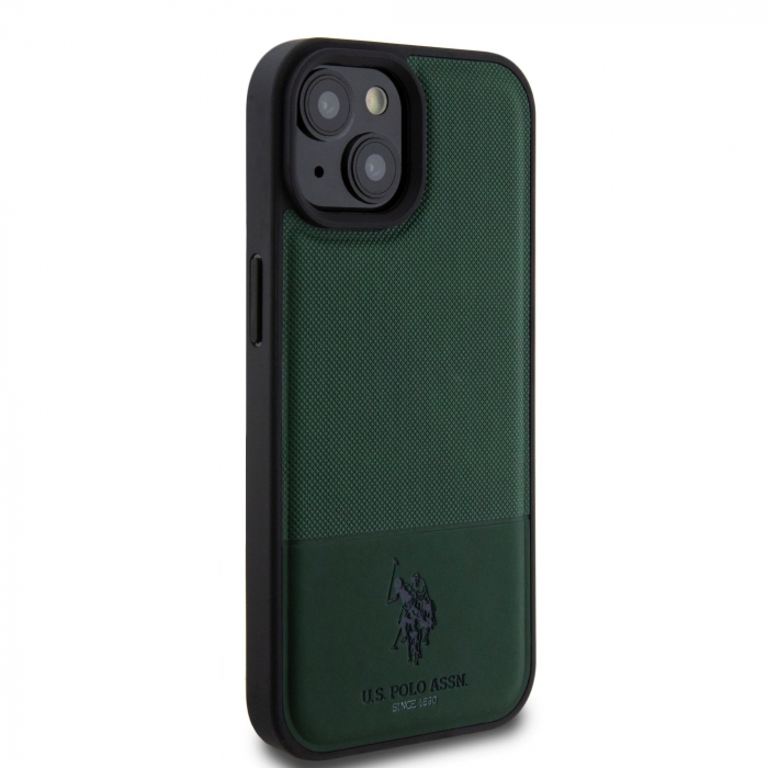 Husa pentru iPhone 15 U.S. Polo PU Leather Mesh Pattern Double Horse, Green [4]