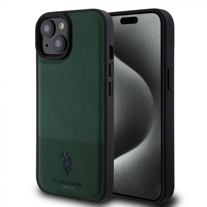 Husa pentru iPhone 15 U.S. Polo PU Leather Mesh Pattern Double Horse, Green [2]