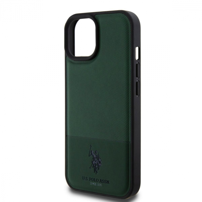 Husa pentru iPhone 15 Pro Max U.S. Polo PU Leather Mesh Pattern Double Horse, Green [4]