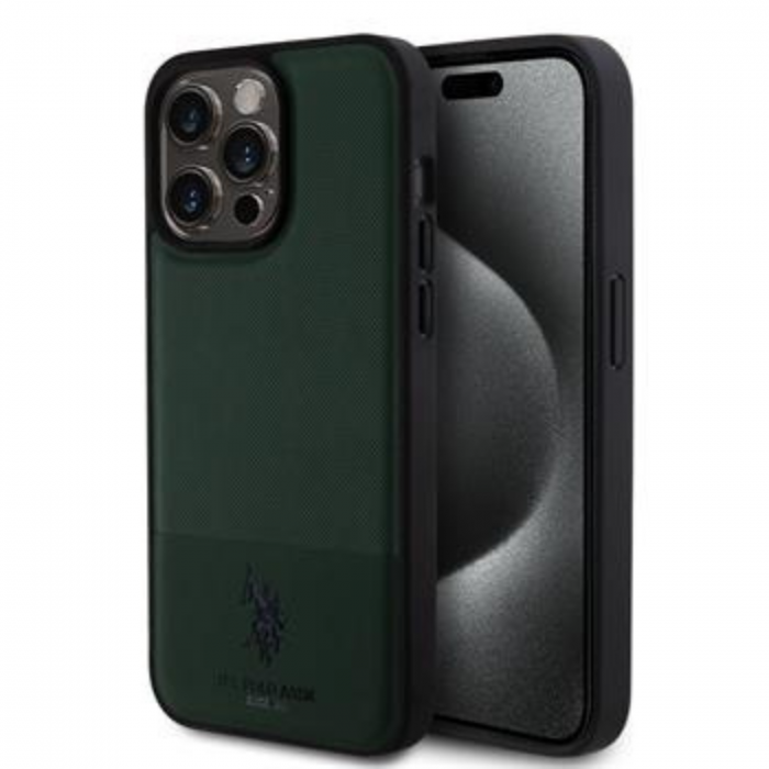 Husa pentru iPhone 15 Pro Max U.S. Polo PU Leather Mesh Pattern Double Horse, Green [2]