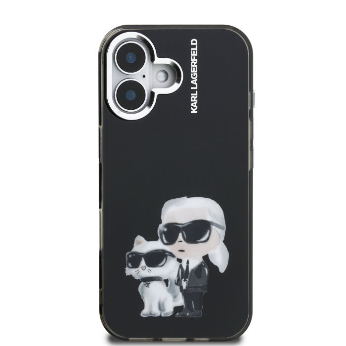 Husa pentru iPhone 16, Karl Lagerfeld IML Aquarelle Karl and Choupette, Black [2]