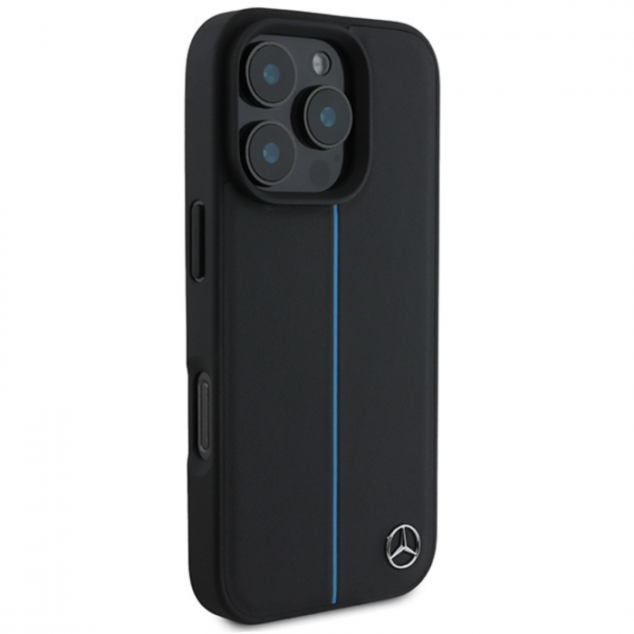 Husa pentru iPhone 16 Pro Max, Mercedes Leather Blue Stripe MagSafe, Black [3]
