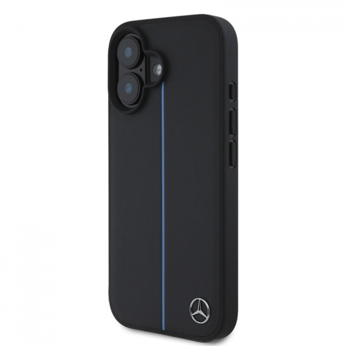 Husa pentru iPhone 16 Mercedes Leather Blue Stripe MagSafe, Black [3]