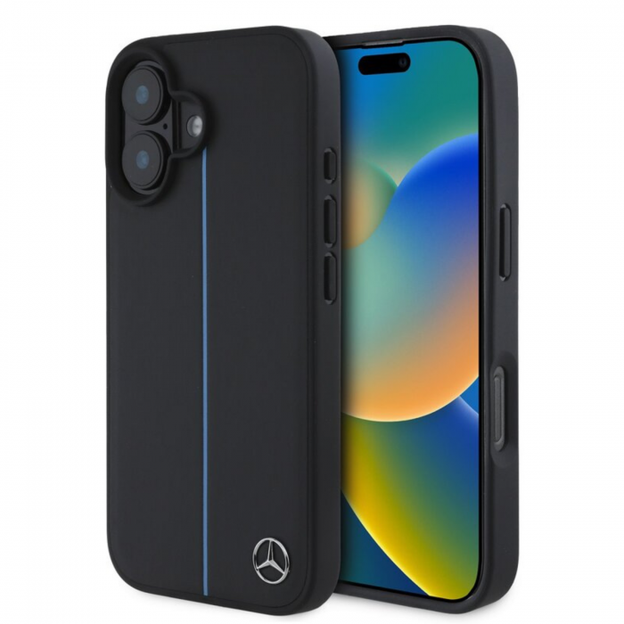 Husa pentru iPhone 16 Mercedes Leather Blue Stripe MagSafe, Black [2]