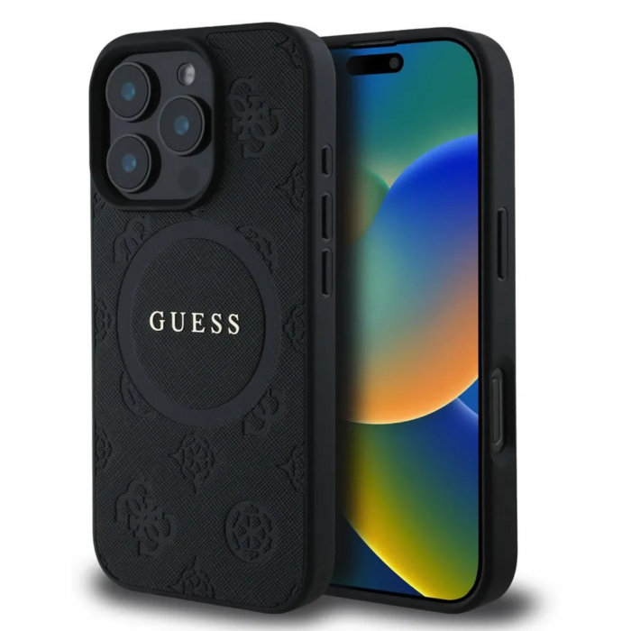 Husa pentru iPhone 16 Pro, Guess Saffiano Peony Stamp MagSafe, Black [2]