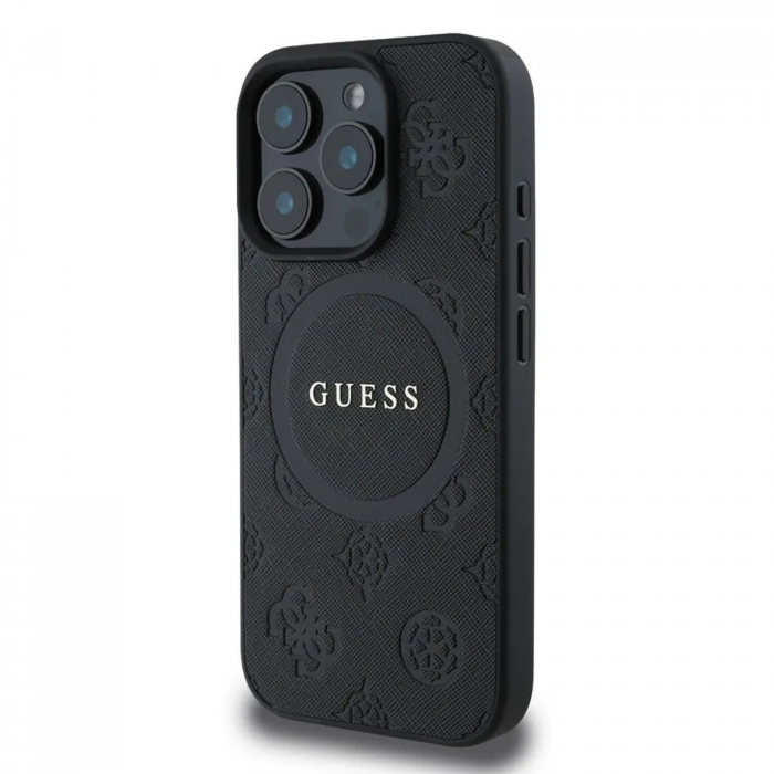 Husa pentru iPhone 16 Pro, Guess Saffiano Peony Stamp MagSafe, Black [3]