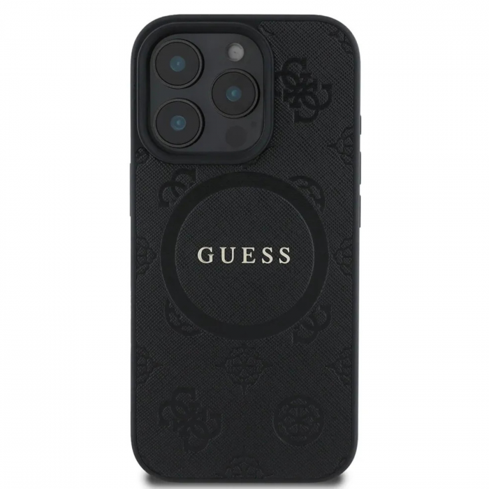 Husa pentru iPhone 16 Pro, Guess Saffiano Peony Stamp MagSafe, Black [1]
