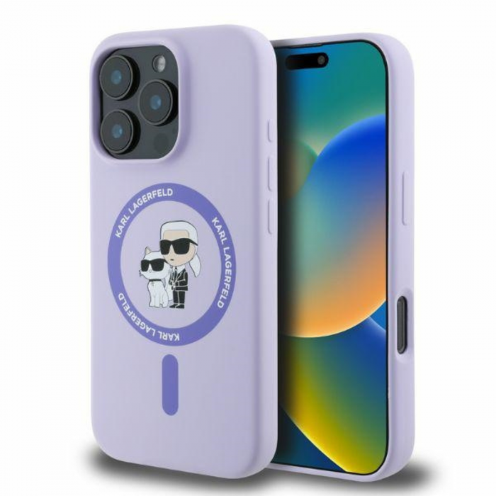Husa pentru iPhone 15 Pro Karl Lagerfeld Silicone Ring MagSafe (KLHMP15LSCMKCRHU) Karl&Choupette, Purple [2]