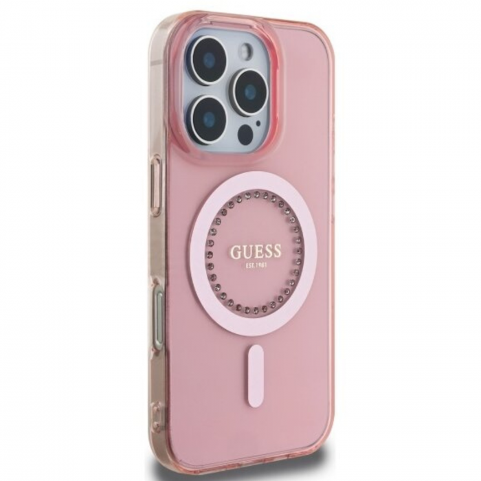 Husa pentru iPhone 16 Pro Max, Guess IML Rhinestones Ring MagSafe, Pink [2]