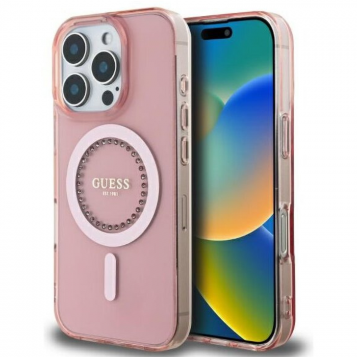 Husa pentru iPhone 16 Pro Max, Guess IML Rhinestones Ring MagSafe, Pink [4]