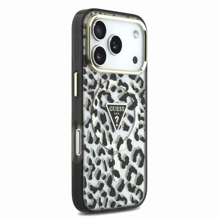 Husa pentru iPhone 17 Pro/ 18 Pro, Guess IML Glitter Leopard Triangle Logo MagSafe, Black [4]