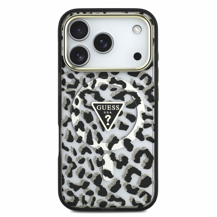 Husa pentru iPhone 17 Pro Max/ 18 Pro Max, Guess IML Glitter Leopard Triangle Logo MagSafe, Black [2]
