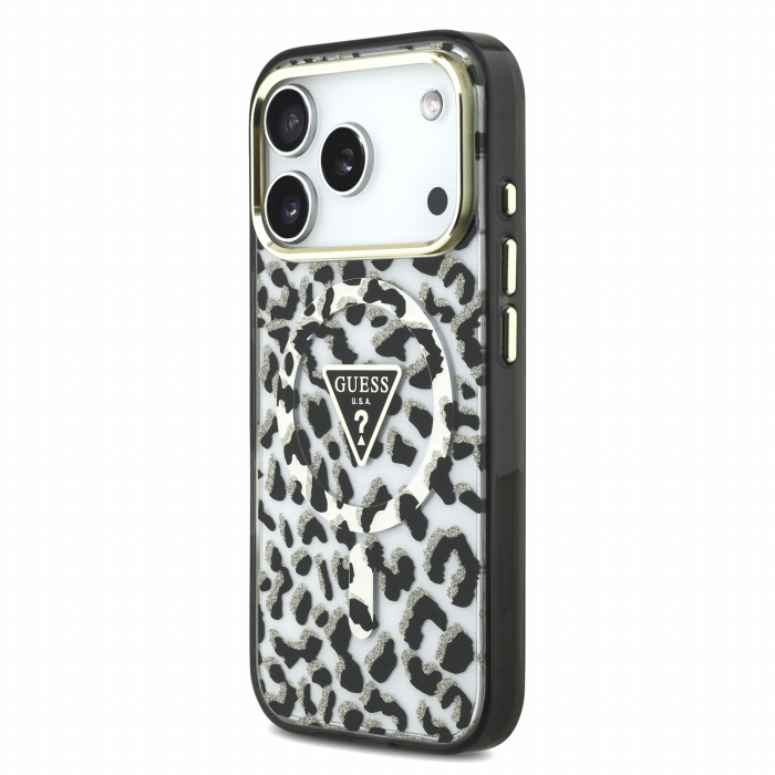 Husa pentru iPhone 17 Pro Max/ 18 Pro Max, Guess IML Glitter Leopard Triangle Logo MagSafe, Black [3]
