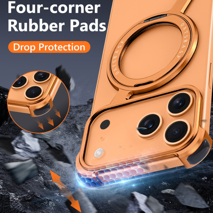 Husa pentru iPhone 17 Pro/ 18 Pro, Metal Frameless with 360° Rotatable Stand Magnetic Airbag Protective Shockproof, Orange [2]