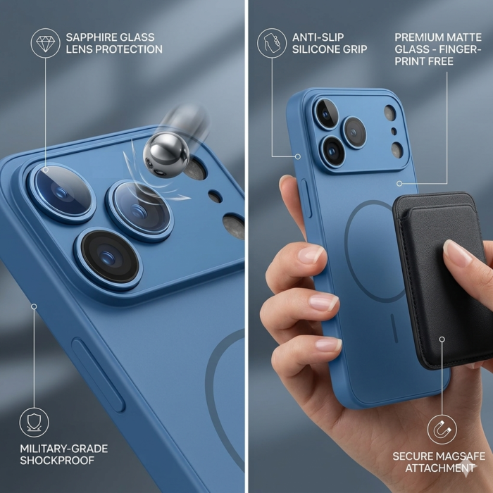 Husa pentru iPhone 17 Pro din Sticla si Silicon cu Protectie Completa a Camerelor si MagSafe, Albastru Mat [2]