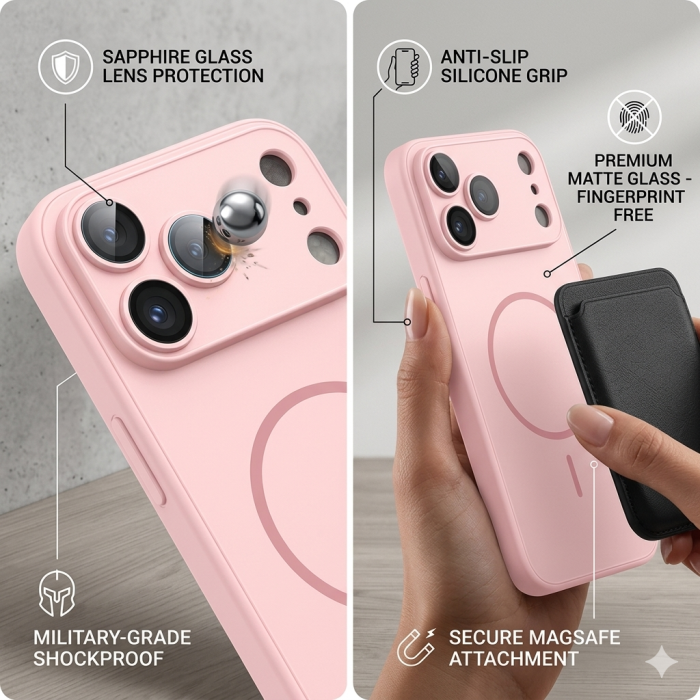 Husa pentru iPhone 17 Pro Max din Sticla si Silicon cu Protectie Completa a Camerelor si MagSafe, Roz Mat [2]