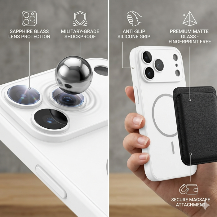 Husa pentru iPhone 17 Pro Max din Sticla si Silicon cu Protectie Completa a Camerelor si MagSafe, Alb Mat [2]