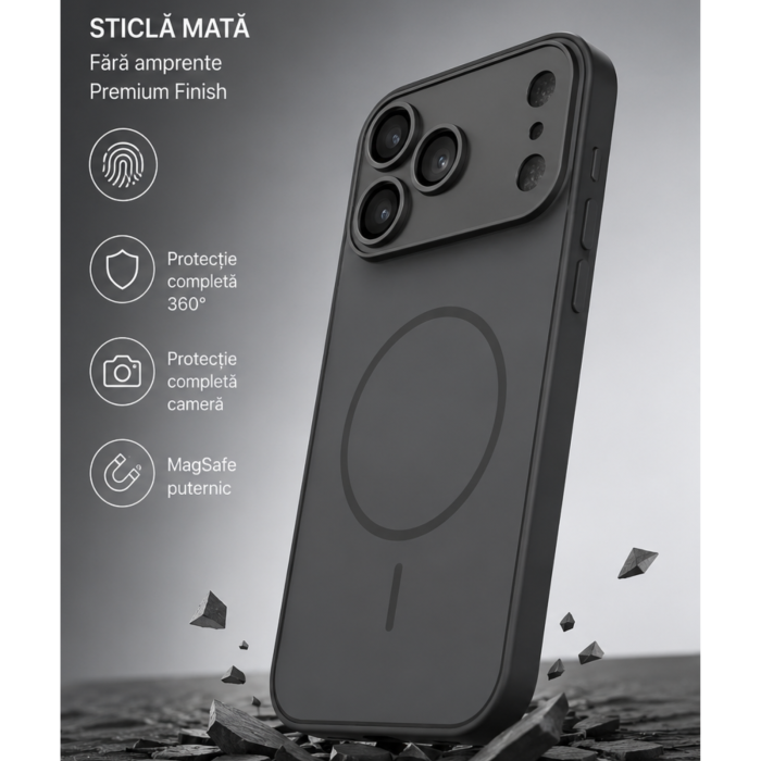 Husa pentru iPhone 17 Pro Max din Sticla si Silicon cu Protectie Completa a Camerelor si MagSafe, Black Graphite Mat [2]