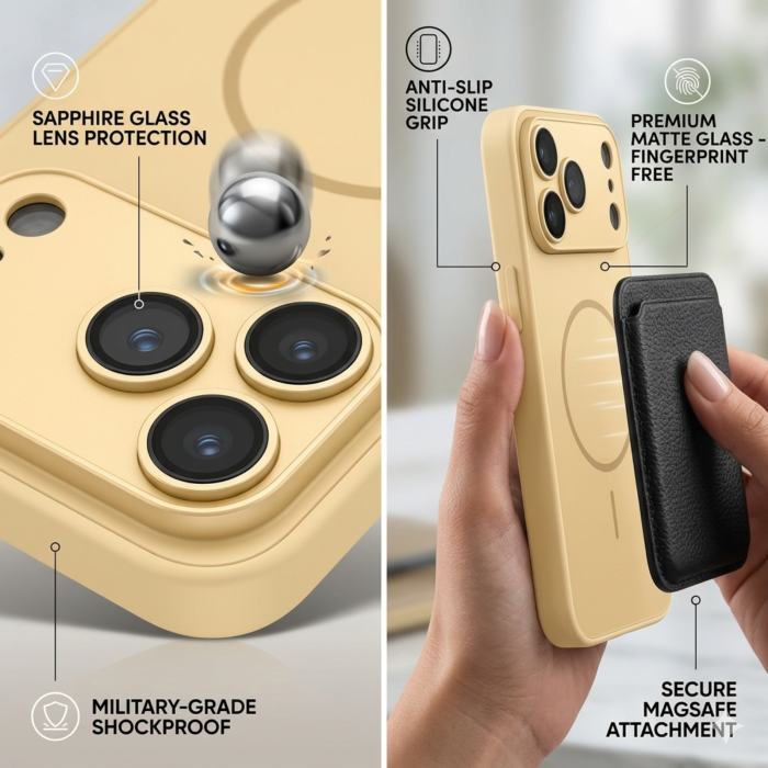 Husa pentru iPhone 17 Pro Max din Sticla si Silicon cu Protectie Completa a Camerelor si MagSafe, Gold Mat [2]