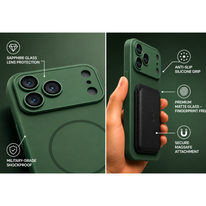 Husa pentru iPhone 17 Pro Max din Sticla si Silicon cu Protectie Completa a Camerelor si MagSafe, Verde Army Mat [2]