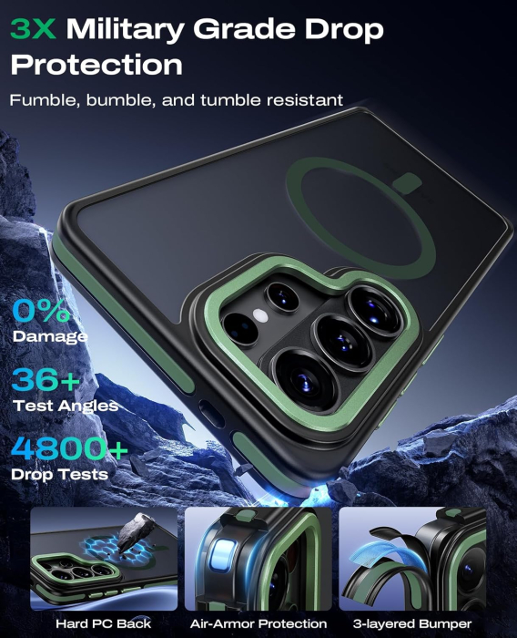Husa Samsung Galaxy S26, Anti-Slip Shockproof, Military-Grade Protection, MagSafe, Camo Green - Black [6]