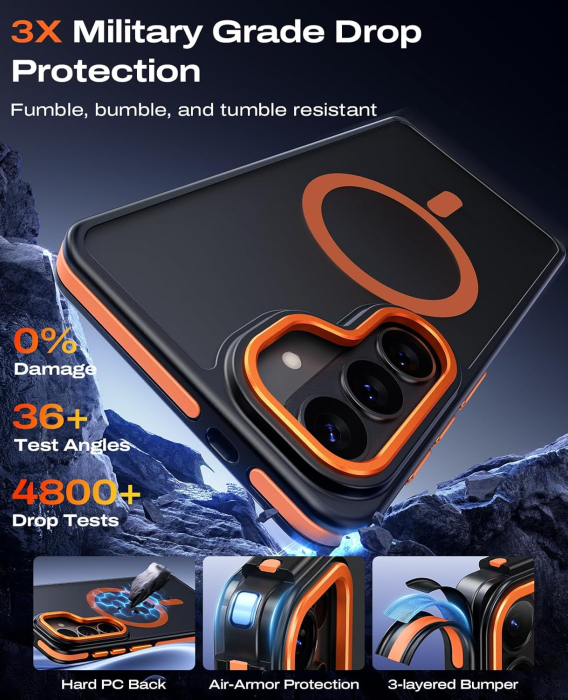 Husa Samsung Galaxy S26 Plus, Anti-Slip Shockproof, Military-Grade Protection, MagSafe, Cosmic Orange - Black [6]