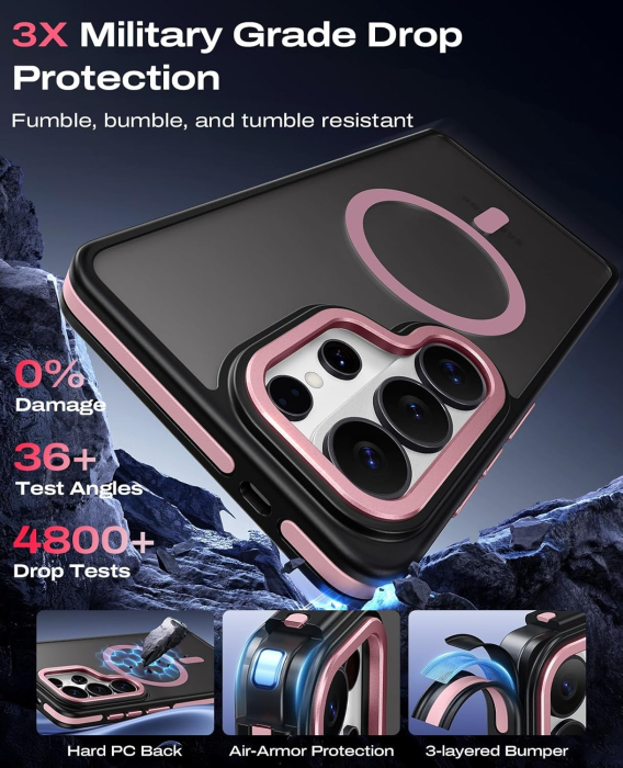 Husa Samsung Galaxy S26 Plus, Anti-Slip Shockproof, Military-Grade Protection, MagSafe, Pink - Black [2]