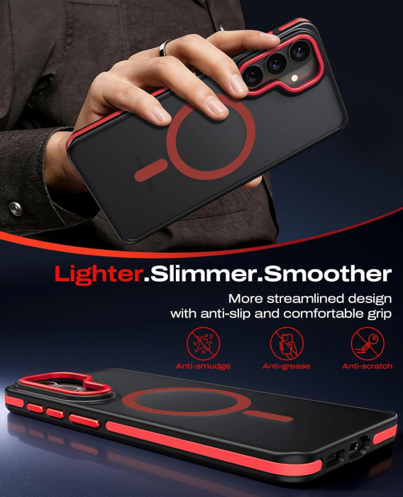 Husa Samsung Galaxy S26 Plus, Anti-Slip Shockproof, Military-Grade Protection, MagSafe, Red - Black [3]