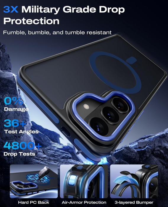 Husa Samsung Galaxy S26, Anti-Slip Shockproof, Military-Grade Protection, MagSafe, Blue - Black [4]
