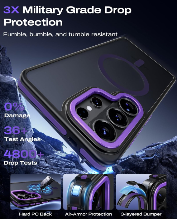 Husa Samsung Galaxy S26 Ultra, Anti-Slip Shockproof, Military-Grade Protection, MagSafe, Purple - Black [7]