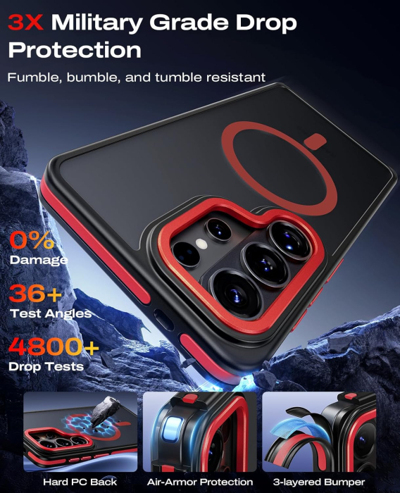 Husa Samsung Galaxy S26 Ultra, Anti-Slip Shockproof, Military-Grade Protection, MagSafe, Red - Black [4]