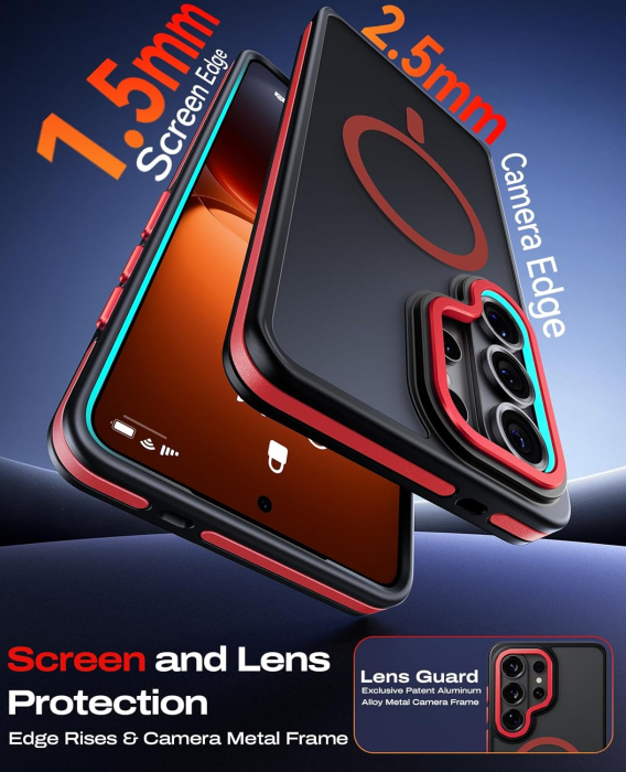 Husa Samsung Galaxy S26 Ultra, Anti-Slip Shockproof, Military-Grade Protection, MagSafe, Red - Black [5]