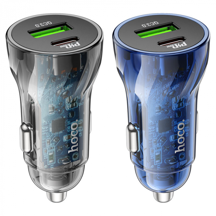 Incarcator Auto Z47A hoco. Fast Charging, Dual Output PD30W+QC3.0, Crystal Blue [8]