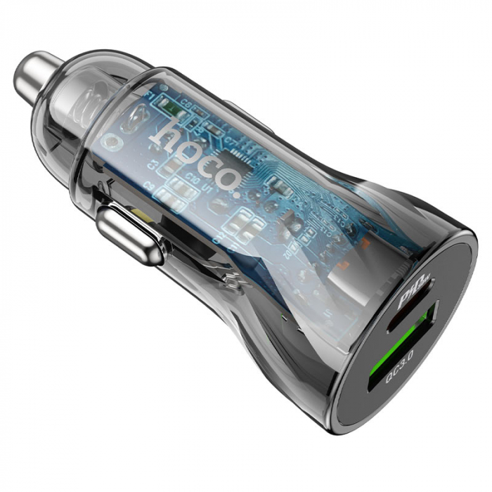Incarcator Auto Z47A hoco. Fast Charging, Dual Output PD30W+QC3.0, Crystal Black [3]