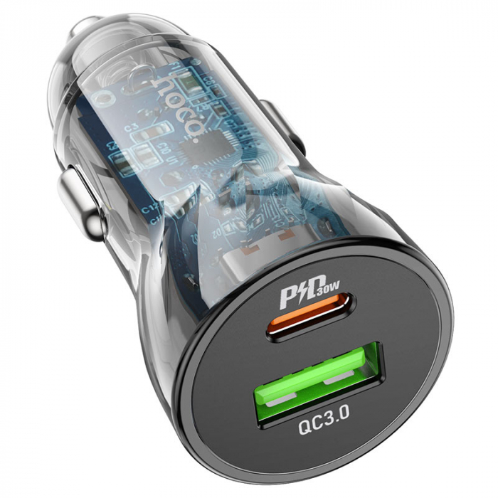 Incarcator Auto Z47A hoco. Fast Charging, Dual Output PD30W+QC3.0, Crystal Black [2]