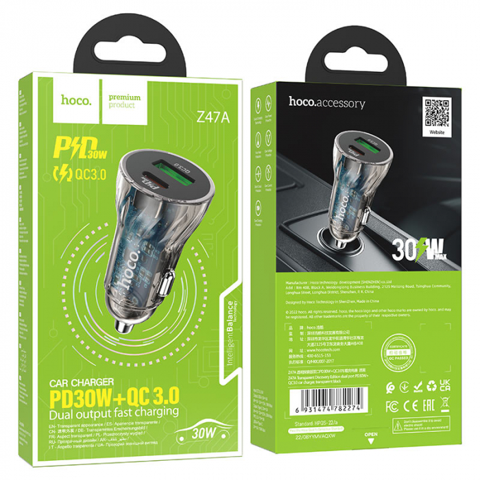 Incarcator Auto Z47A hoco. Fast Charging, Dual Output PD30W+QC3.0, Crystal Black [7]