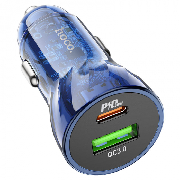 Incarcator Auto Z47A hoco. Fast Charging, Dual Output PD30W+QC3.0, Crystal Blue [2]