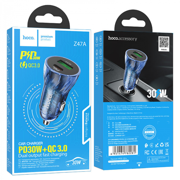 Incarcator Auto Z47A hoco. Fast Charging, Dual Output PD30W+QC3.0, Crystal Blue [9]