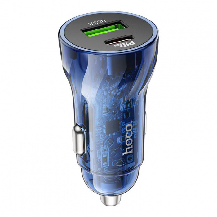 Incarcator Auto Z47A hoco. Fast Charging, Dual Output PD30W+QC3.0, Crystal Blue [1]